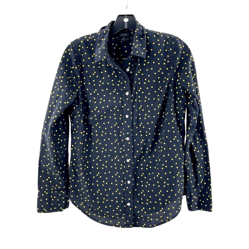 J Crew Women's Button Down Collar Shirt Black Yellow Polka Dot Sz 4  100% Cotton